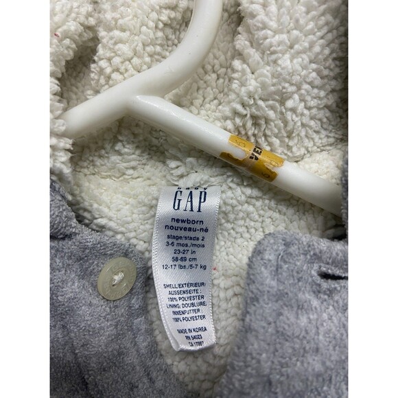 Gap Baby Fleece Sherpa Lined Gray Button Front Warm Coat 3-6 Month Unisex Hoo - Picture 3 of 7